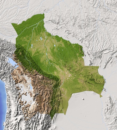 10757591 - bolivia. shaded relief map with major urban areas. surrounding territory greyed out. colored according to vegetation. includes clip path for the state area. projection: mercator extents: -71/-56/-24/-8 data source: nasa